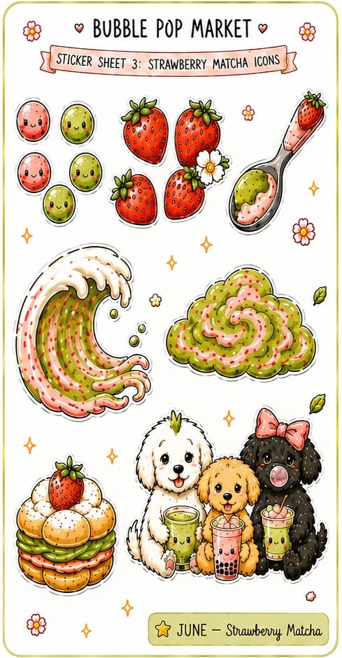 June 2026 - Strawberry Matcha Icons Sticker Sheet