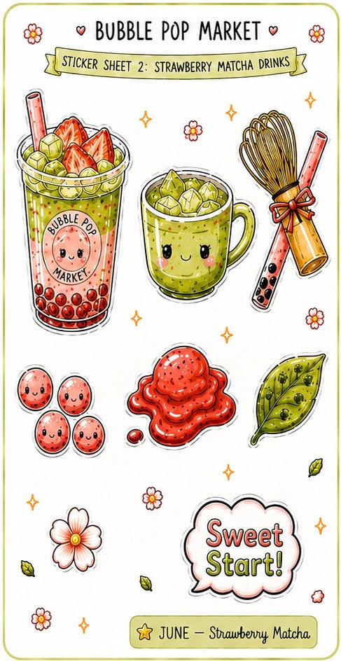 June 2026 - Strawberry Matcha Drinks Sticker Sheet