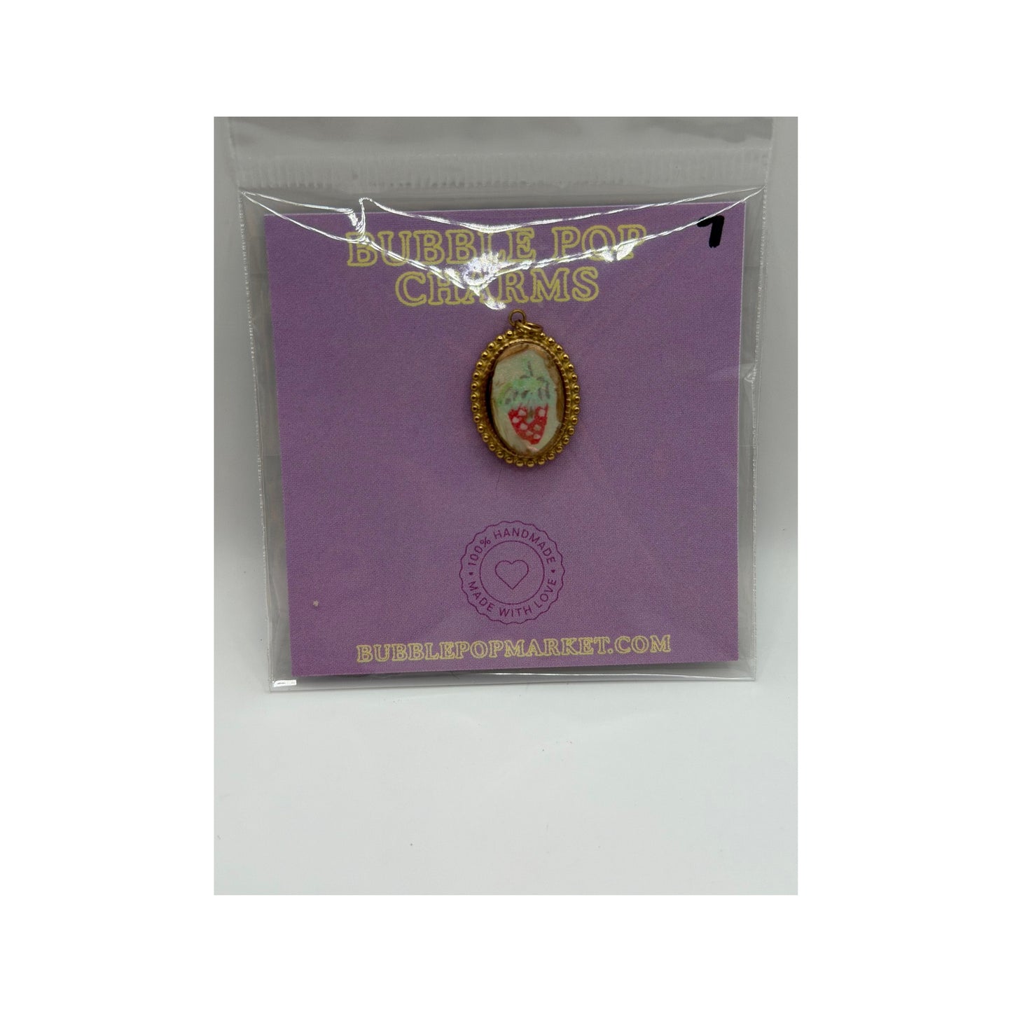 Strawberry Cameo Charm - Vintage Beaded Oval Bubble Charm