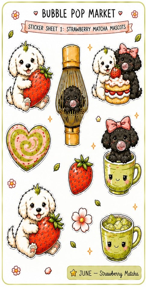 June 2026 - Strawberry Matcha Mascots Sticker Sheet