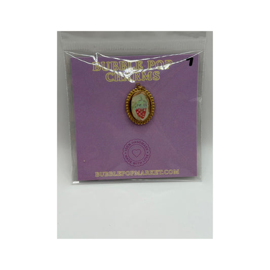 Strawberry Cameo Charm - Vintage Beaded Oval Bubble Charm
